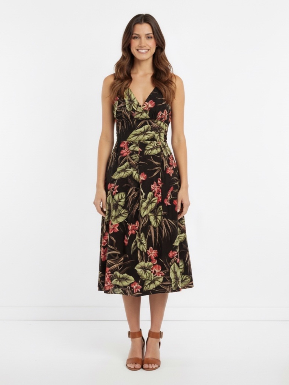 Jones New York Signature Tropical Floral Brown Pink Green Midi Dress Size 12